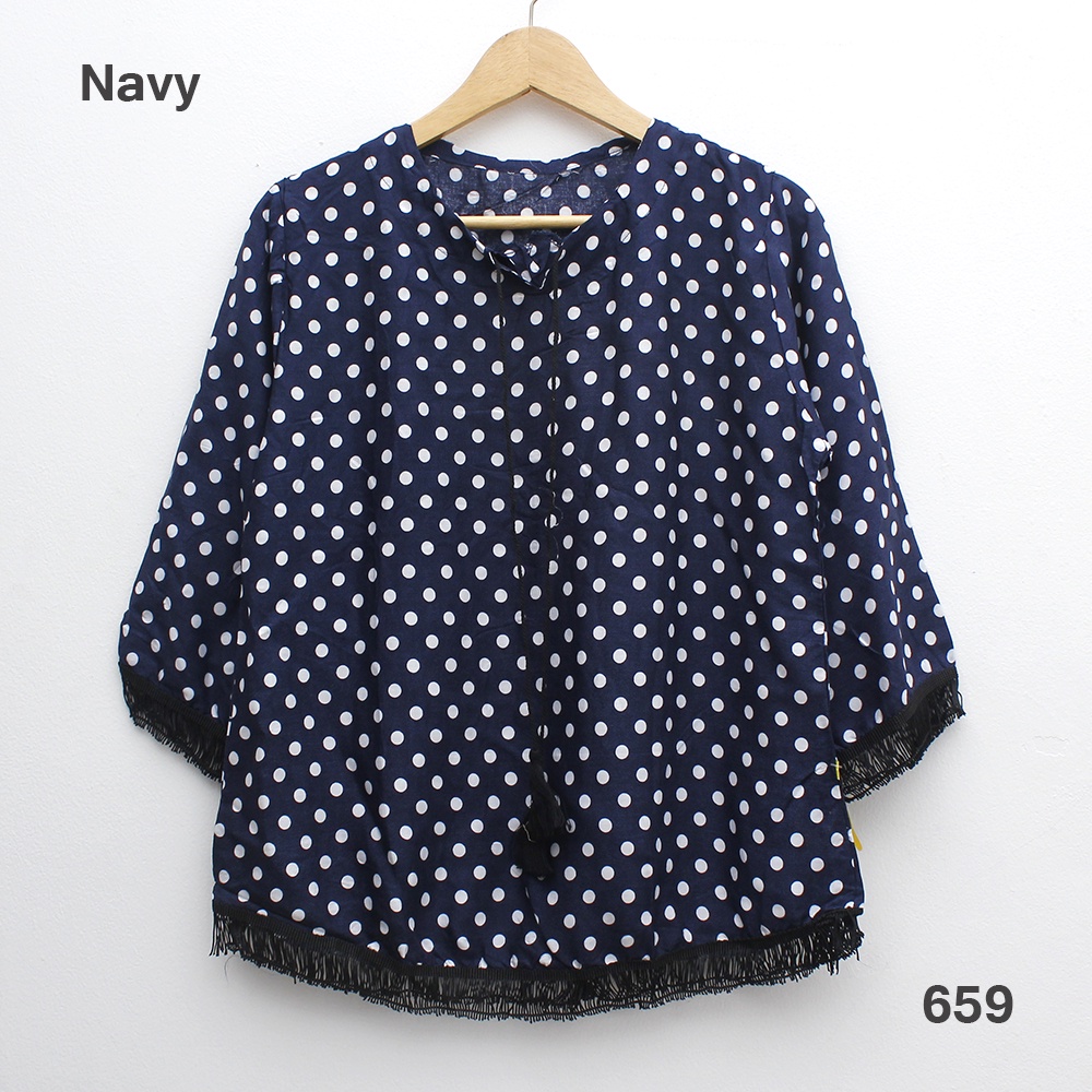 [JakartaFashion] blouse katun motif polka kecil atasan rumbai hitam jambul tali bohemian