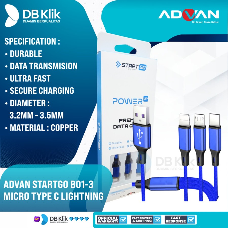 Kabel Data PREMIUM ADVAN STARTGO B01-3 Micro Type C Lightning - B013 - BLUE