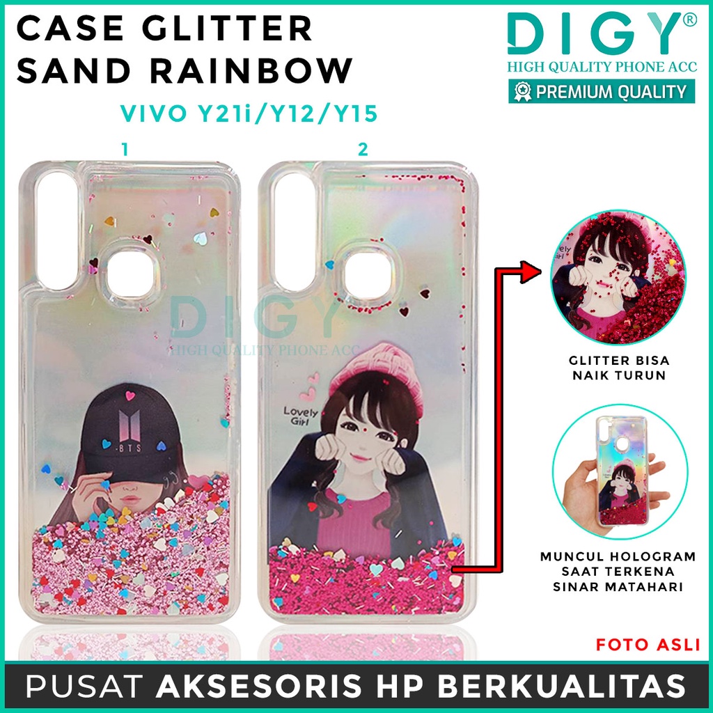 Case VIVO Y12 Y15 Y17 Y91 Y95 Y21 Y22 Glitter Dynamic Liquid Quicksand Case Motif cewe heart bts