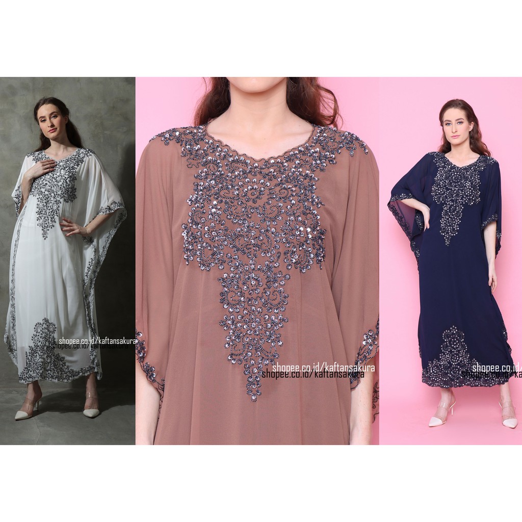 Baju Gamis Wanita Muslim Full Payet premium Bahan Sifon Terbaru warna navy coklat hitam putih pesta untuk lebaran 2023