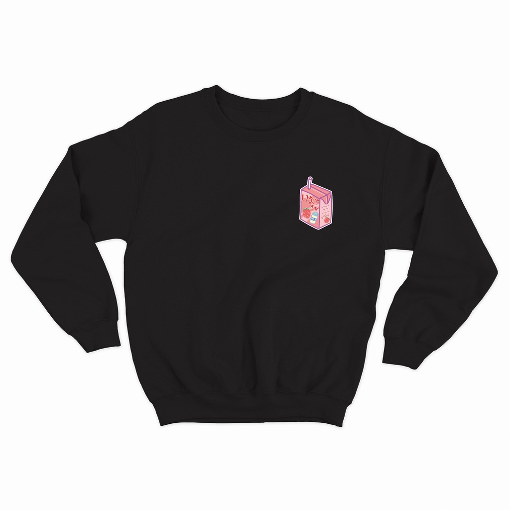 (TERBARU) Sweater Basic Sablon Strawberry Milk (Depan ) Unisex M-XXL