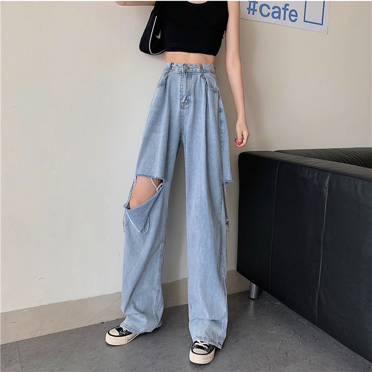 XIAOZHAINV  Celana Jeans Panjang Wanita Korean Style Highwaist Sobek 8678