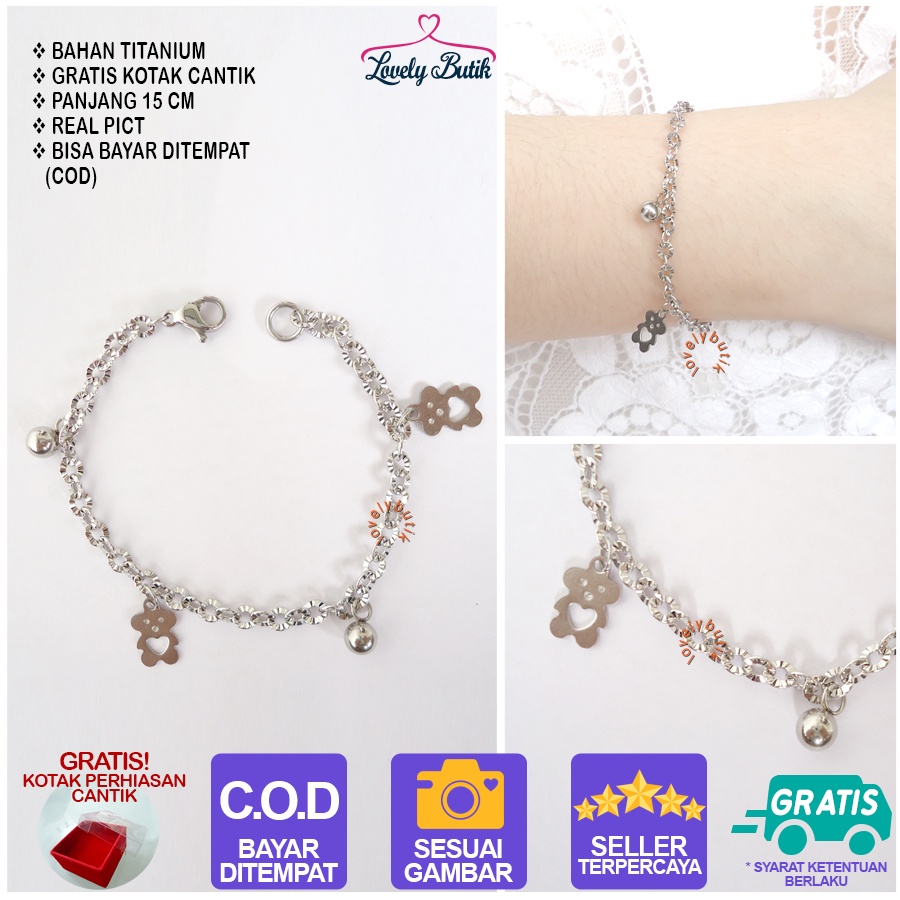 Lovelybutik Gelang Anak Titanium Anti Karat  Aksesoris Wanita Fashion Bear Kecil Bonus Kotak