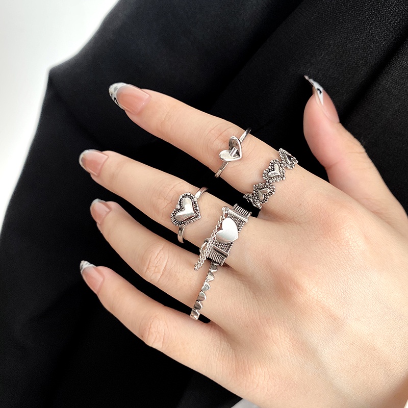 YEEZII 5pcs / Set Cincin Rantai Model Terbuka Adjustable Desain Hati Hollow Warna Silver Gaya Retro Untuk Wanita