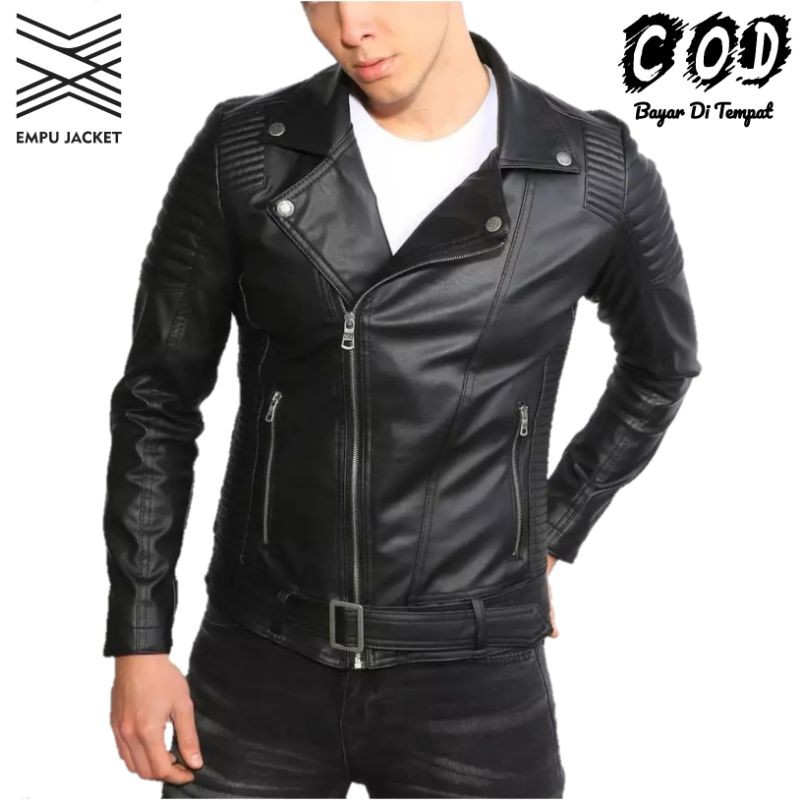 Jaket Kulit Pria Sintetis Bikers Rider Touring Berkendara Harian Warna Hitam Jaket Kulit Semi Cowok 