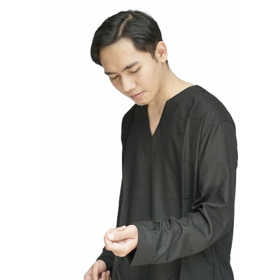 Tellyourfriends Kemeja Casual Pria Kerah V Lengan Panjang Polos Hitam Tanpa Saku