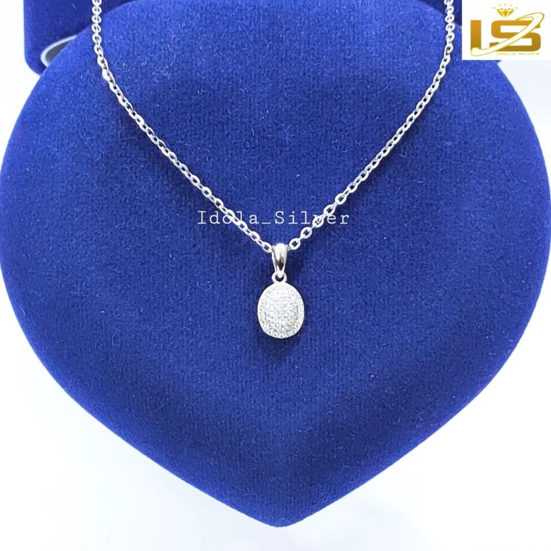 KALUNG PERAK ASLI SILVER WANITA 925 LAPIS EMAS PUTIH MODEL LIONTIN OVAL PERMATA KELILING FULL KECIL - PERHIASAN PERAK WANITA ASLI