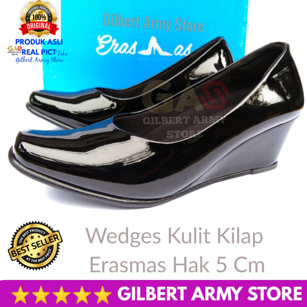 Sepatu Wedges Persit  ERASMAS ASli Ori hak 5cm kulit Kilap-Dop 36-43 GILBERT ARMY STORE Murah Grosir