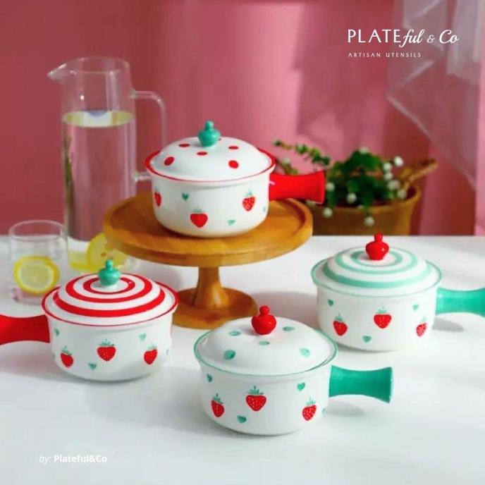 Strawberry Dot Stripes Bowl Mangkok Keramik With Handle