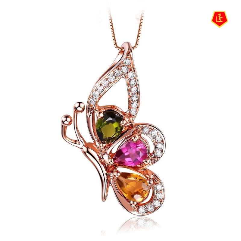 [Ready Stock]Colorful Butterfly Gem Pendant 18K Rose Gold Exquisite Elegant