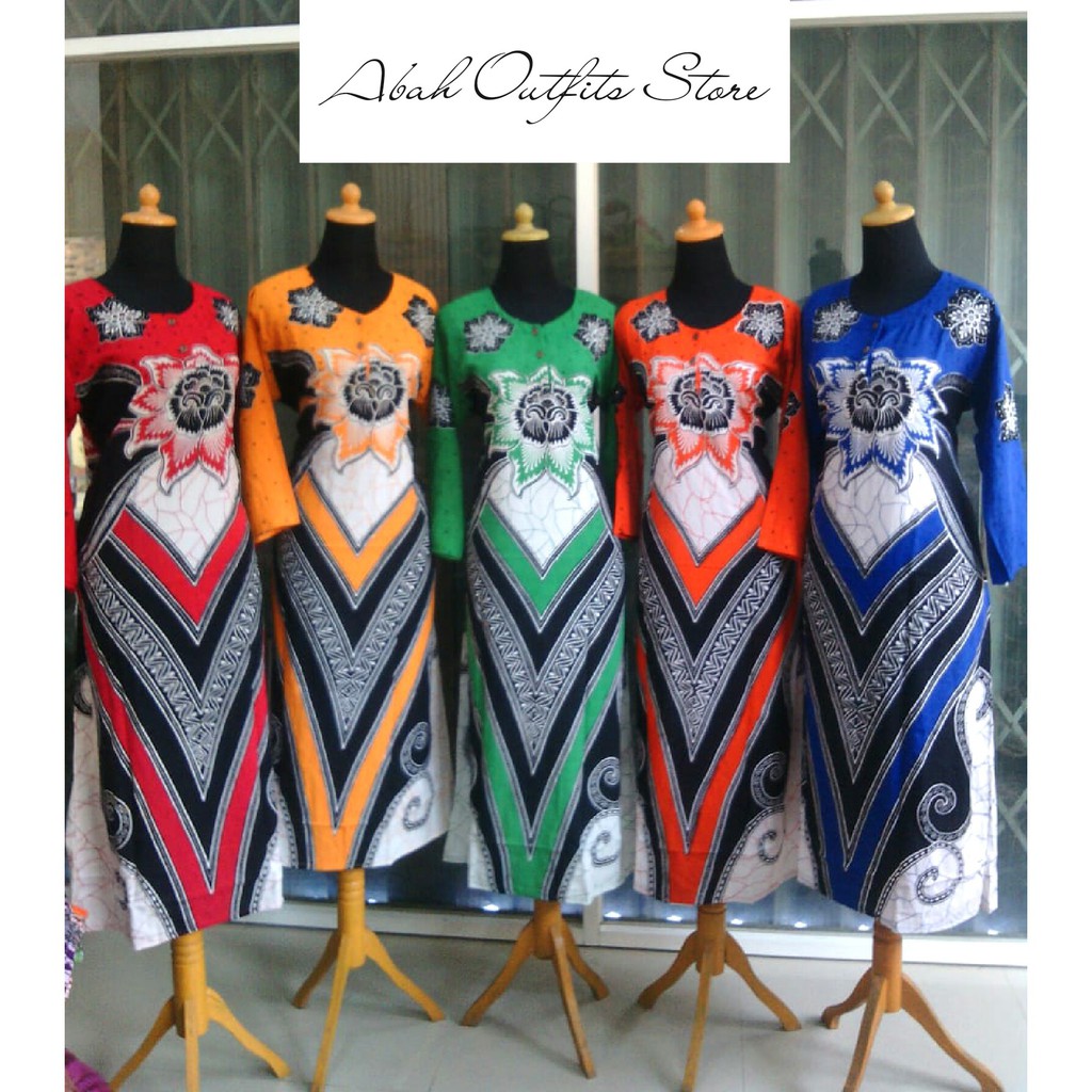 LONGDRESS BAJU DASTER BATIK MOTIF BUNGA ADEM LENGAN PANJANG WARNA MERAH KUNING OREN HIJAU BIRU TIDUR