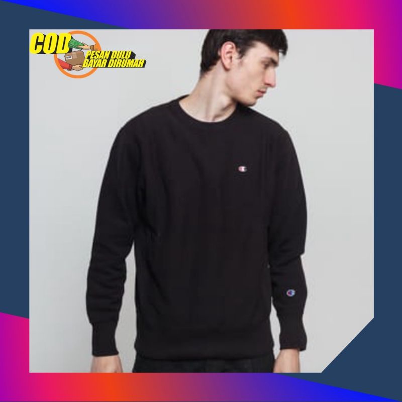 Sweater Crewneck Logo Champion Kecil Pria Wanita Sweater Cn Champion  Hitam Cowok