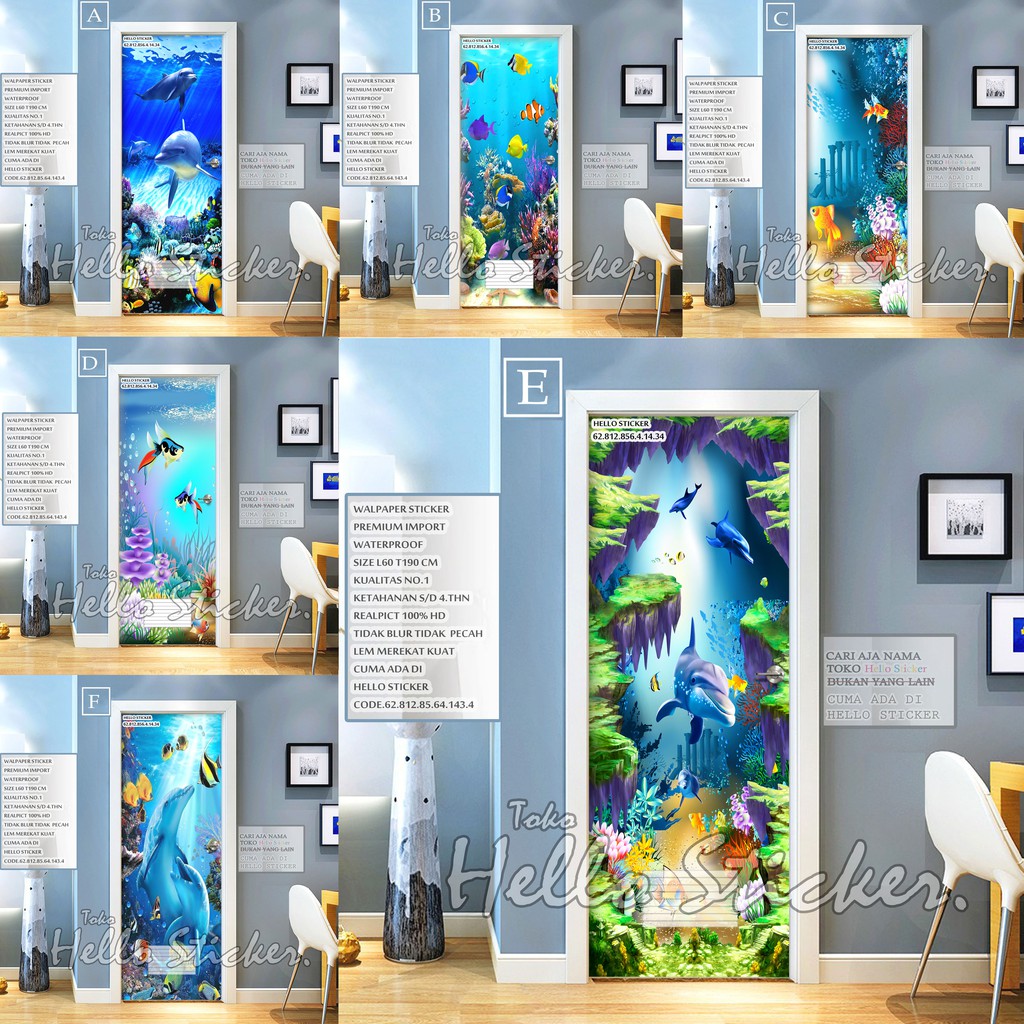 Stiker Pintu Kamar Mandi Dekorasi Pintu Kamar mandi Motif Ikan ukuran 190x60cm
