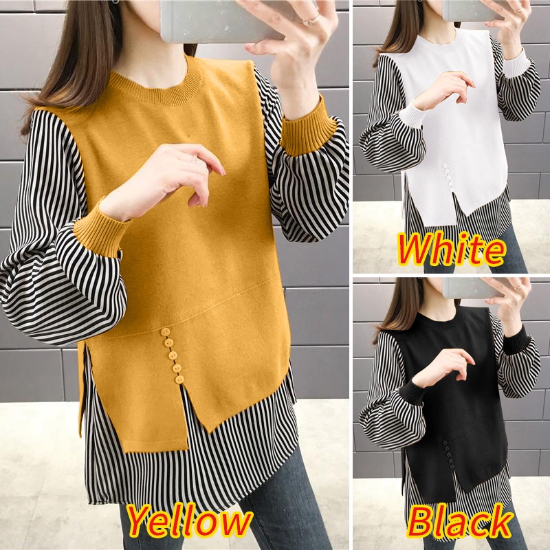 ZANZEA Women Loose Long Sleeve Crew Neck Stripe Patchwork Fashion Blouse