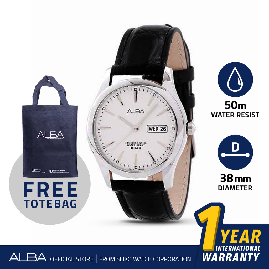 Alba Jam Tangan Pria AXND63 / AXND63X1 Quartz White Dial Black Genuine Leather Strap Watch