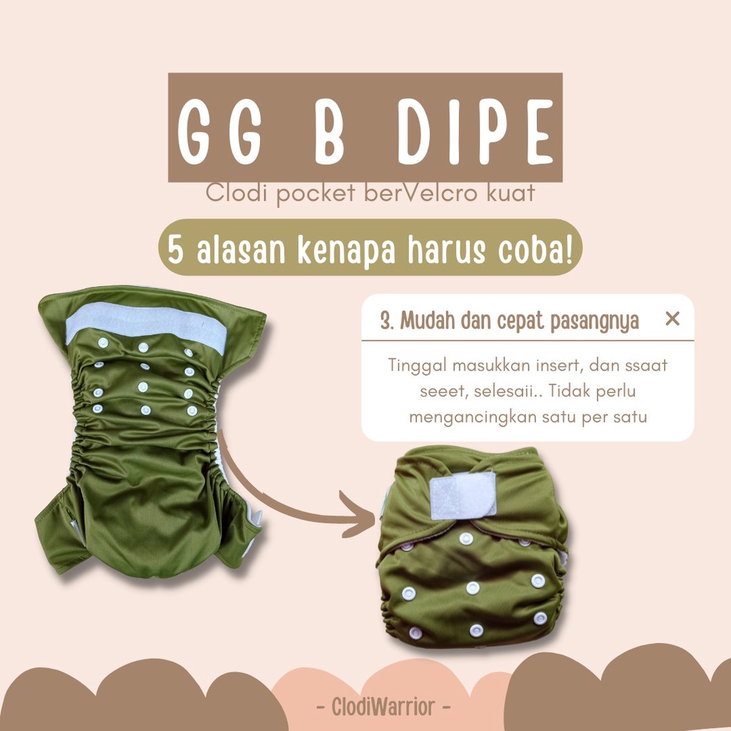 GG B DIPE Clodi Allsize type Pocket Inner Gusset Cegah Bocor Samping Popok kain Bayi Cuci Ulang BB 3-15 kg