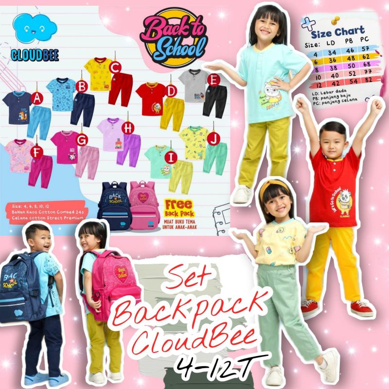 Cloudbee Back To School Setelan kaos anak lengan pendek free backpack