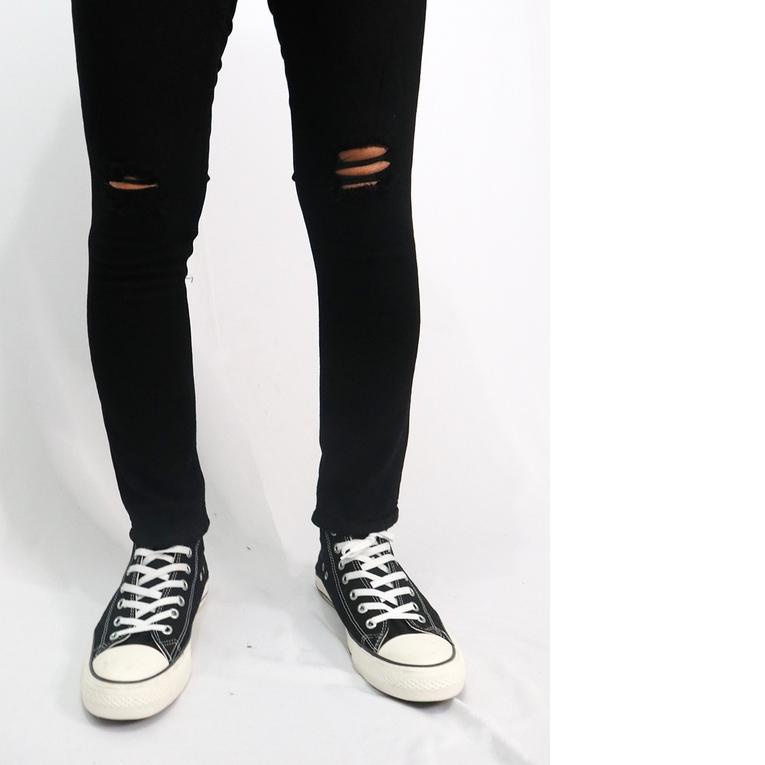 ✽ CELANA JEANS SOBEK LUTUT PRIA RIPPED STRETCH ROBEK HITAM ▲