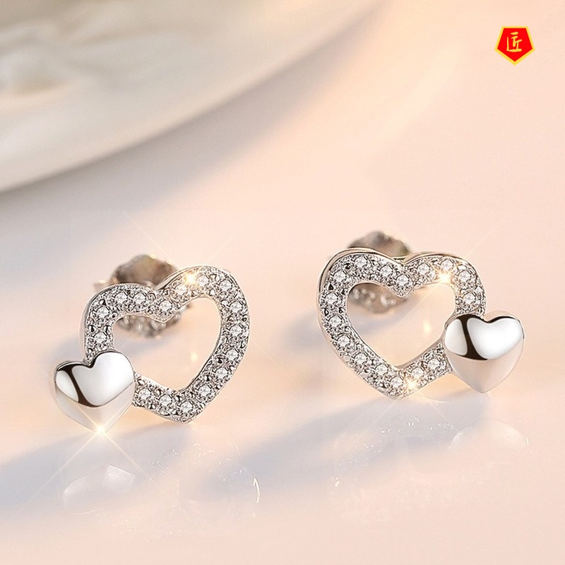 [Ready Stock]925 Silver Fashion Double-Heart Diamond Stud Earrings