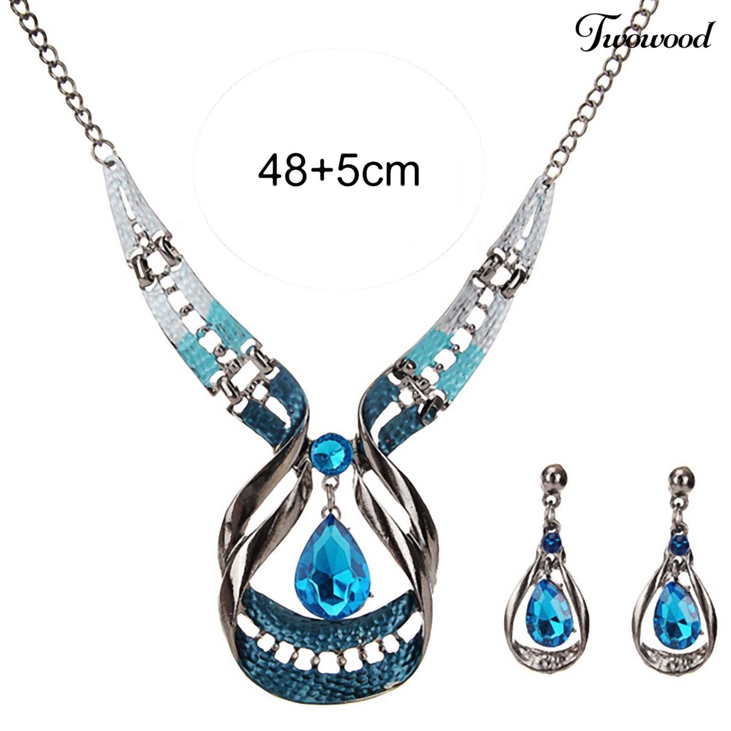 Twowood 2Pcs/Set Exaggerated Noble Beautiful Necklace Earrings Set Water Drop Faux Gem Pendant Necklace Earrings Jewelry Accessory