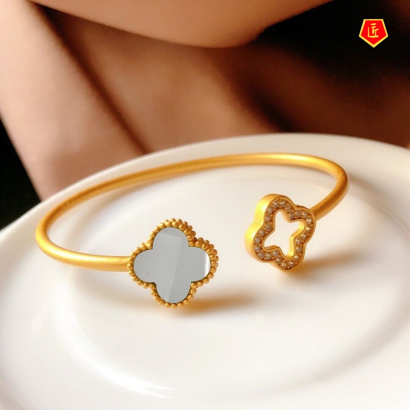 [Ready Stock]925 Silver Elegant Noble Gold Clover White Jade Bracelet