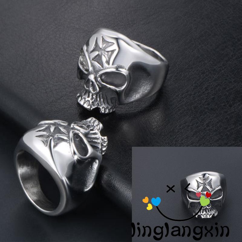 Llx-cincin Titanium Steel Desain Tengkorak Hollow Gaya Punk Vintage Untuk Unisex