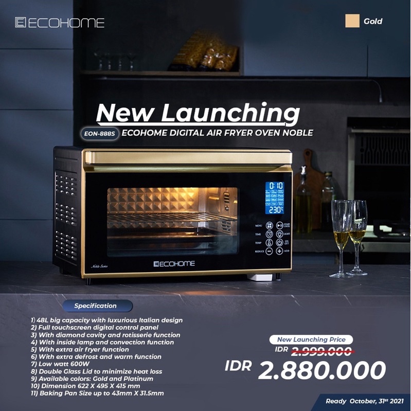 ECOHOME DIGITAL AIR FRYER OVEN EON-888S Dengan fungsi defrost