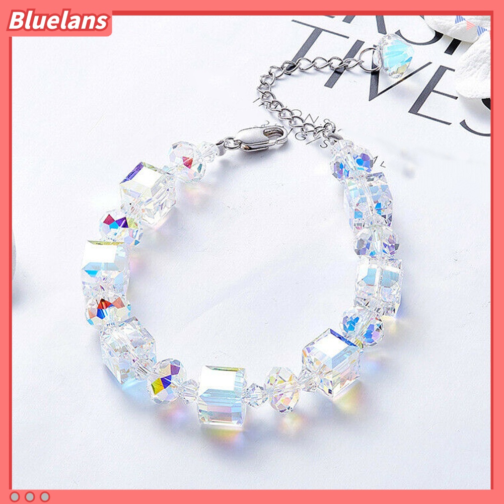 Gelang Bangle Manik-Manik Kubus Kuarsa Tiruan Bening Dapat Disesuaikan Untuk Wanita