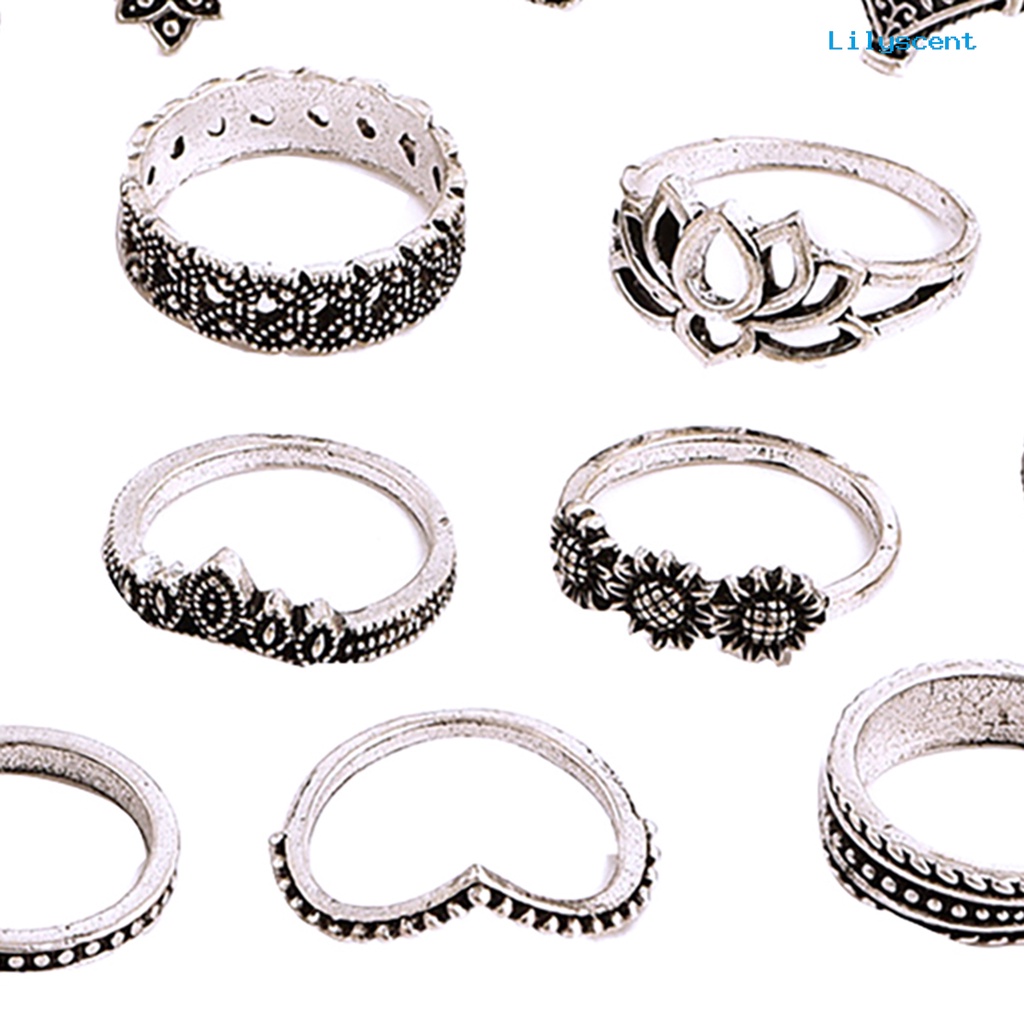 15pcs / Set Cincin Jari Tumpuk Bentuk Bunga Matahari Teratai Geometris Aksen Batu Permata Tiruan Untuk Wanita