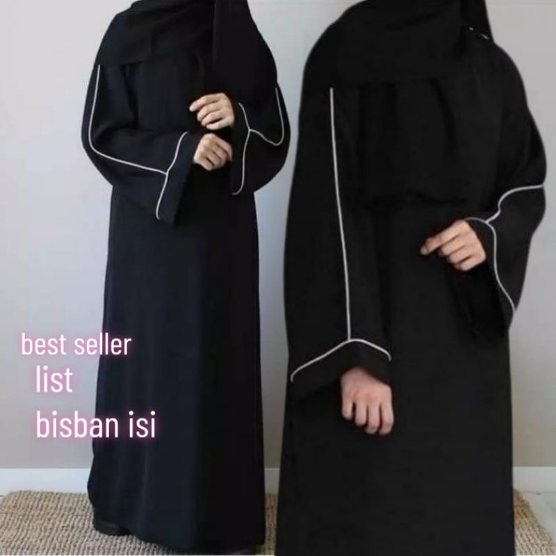 Abaya Hitam Basic List Gamis Syari Bahan Jet black Hitam Pekat Busui friendly-1