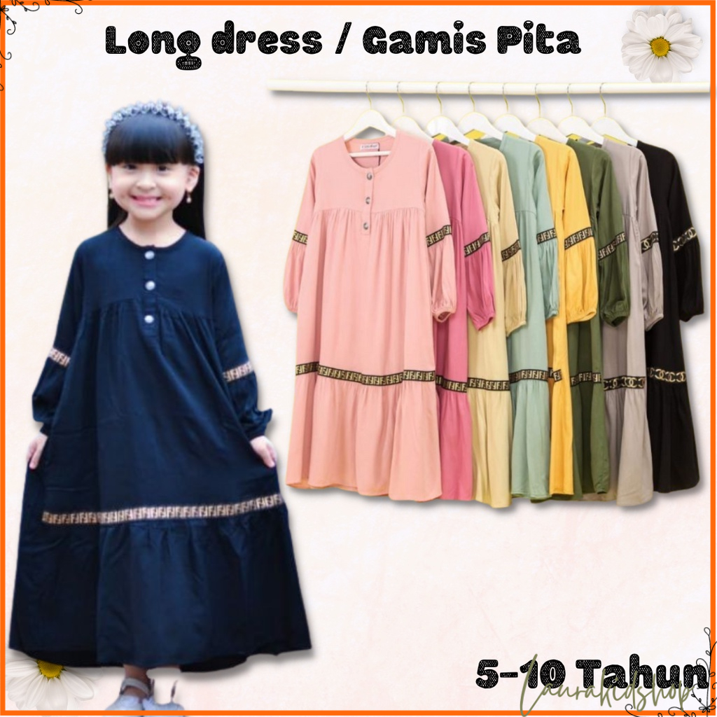 Gamis Anak / Gamis Anak Perempuan / Baju Muslim Anak Perempuan Pita By Laurakids 5-10 Tahun