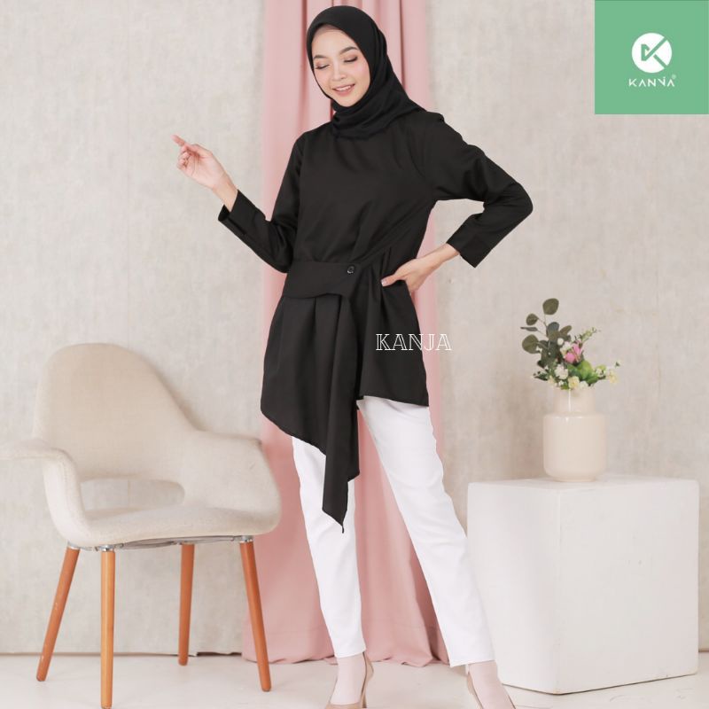 Tunik by Kanja Hitam Bahan Premium Toyobo Blus Asimetris Simple Lengan Panjang Tunik Katun Polos Ter
