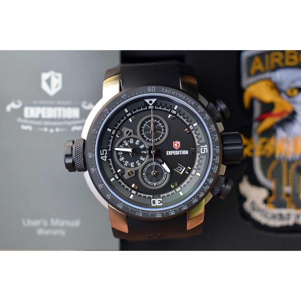 Jam Tangan Expedition Cowok Pria E 6335 MC Airborne Silver Black Rubber Original