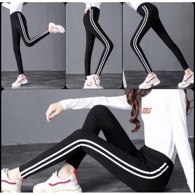 LEGGING HITAM LIST 2 PUTIH / LEGGING PANJANG WANITA /LEGGING IMPORT