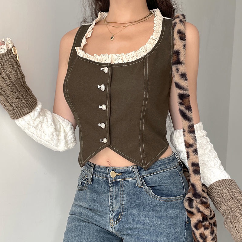 Suhao Lace Hook Bunga Retro Kepribadian Buckle Best Vest Wanita Tampan Spice Kecil Gadis Cantik Back Top