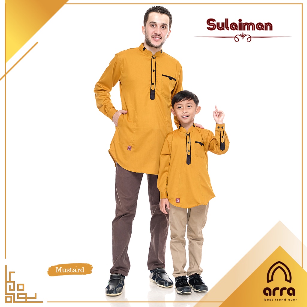 Fashion Muslim Pria Baju Koko Couple Kurta Pakistan Seri Sulaeman Ayah dan Anak Laki-laki Lengan Panjang Warna Mustard Kuning Bahan Toyobo Premium Terbaru  tahun 2022 By Arra