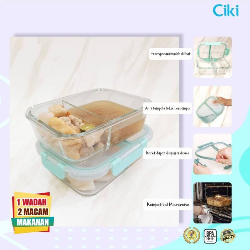 Ciki Food Container Glass 1,1 Liter Sekat 2 - Ciki Baby Kotak Makan Kaca 1,1L - Kotak Penyimpanan Mpasj Bayi - Lunch Box Glass