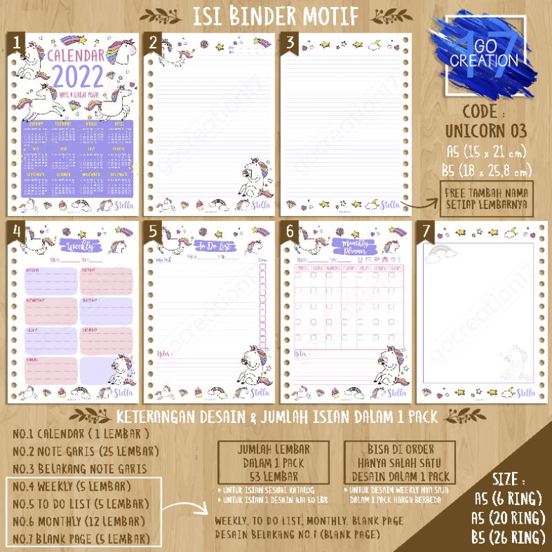 

Buku Planner isi Kertas Binder Motif Unicorn 03 Premium A5 ring 20 dan A5 ring 6