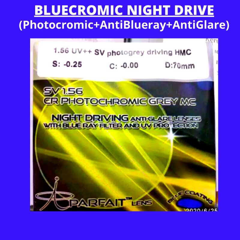 Bluecromic Night Drive 3 in 1Lens (Photocromic+Blueray+AntiGlare) Lensa Night Driving /Premium Drive