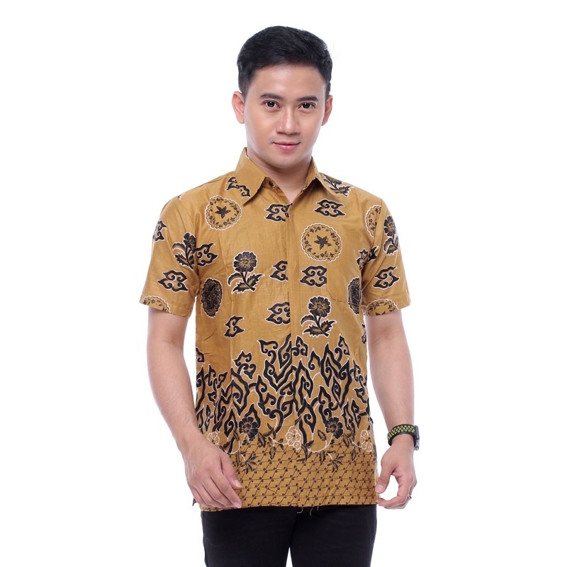 Batik Pria Lengan Pendek BATIK BERKAH HRB026 motif KERATONAN Kode 002 size M L XL-Mega bulat gold