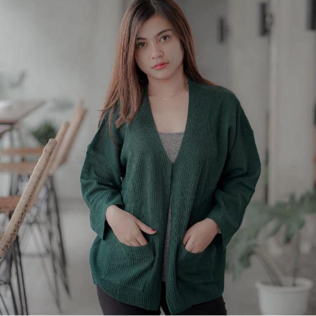 PREMIUM LOOCY POCKET CARDIE / KARDIGAN RAJUT SAKU POLOS locy Oversized cardy-army emerald