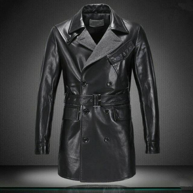 Jaket Kulit Asli Bahan kulit domba kualitas super model jas panjang model jubah warna hitam black