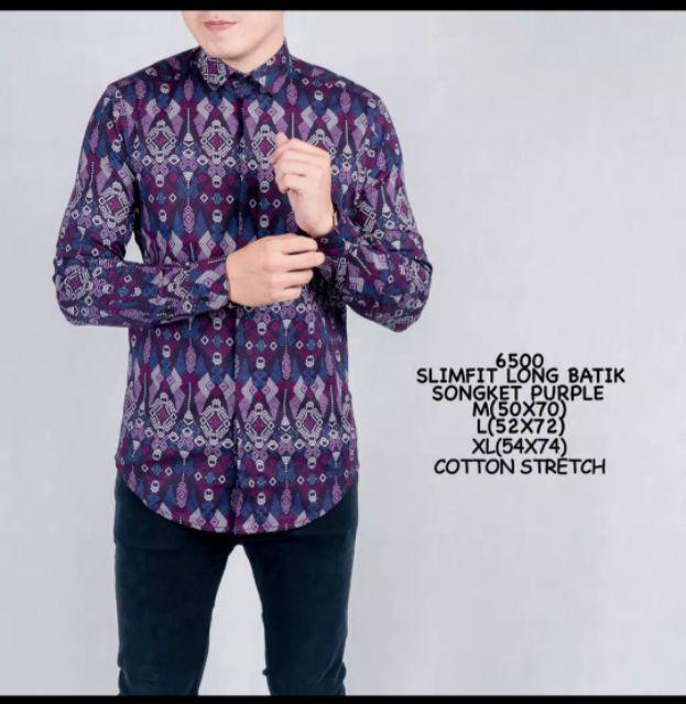[blessing] 6500 Kemeja Batik Pria Slimfit Songket Ungu Long Murah