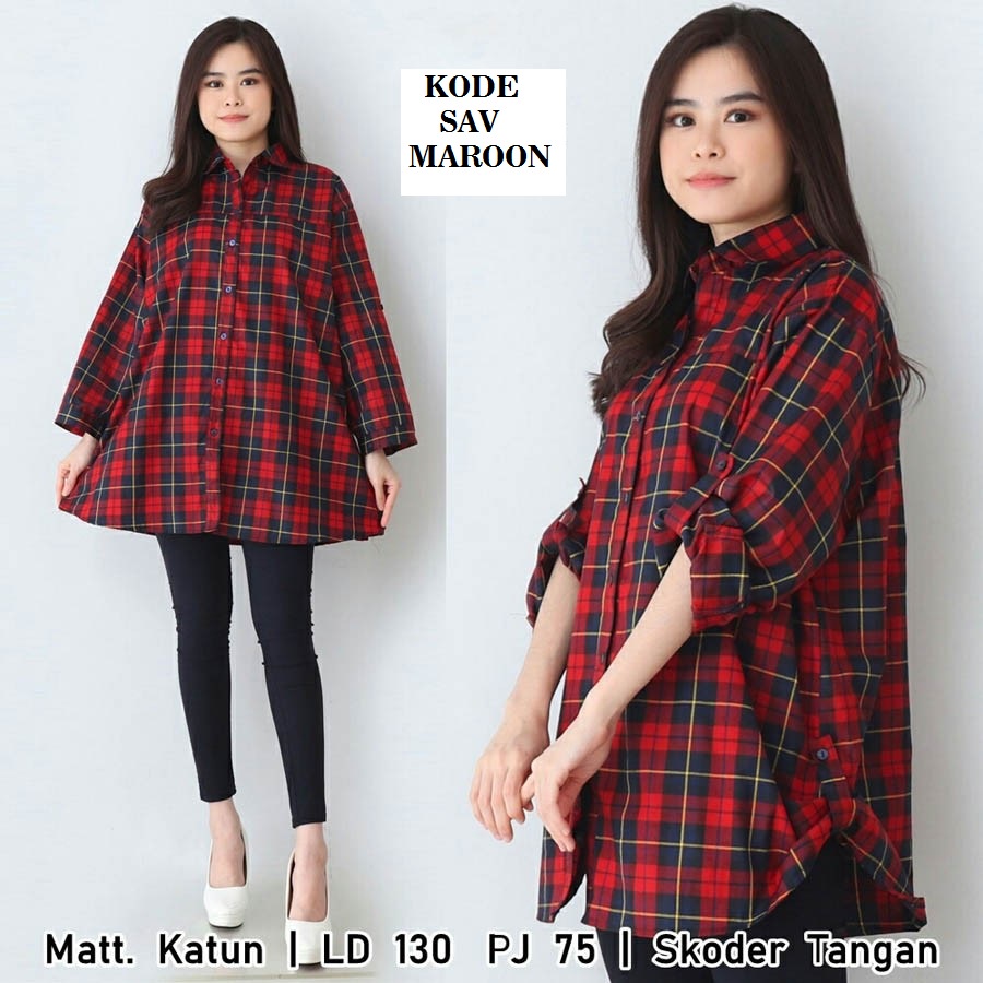 SAV 031K LONGKEM BIGSIZE 2L LONG SHIRT XXL BAJU JUMBO ATASAN MOTIF KOTAK WARNA HITAM  MERAH  KEM 4XL