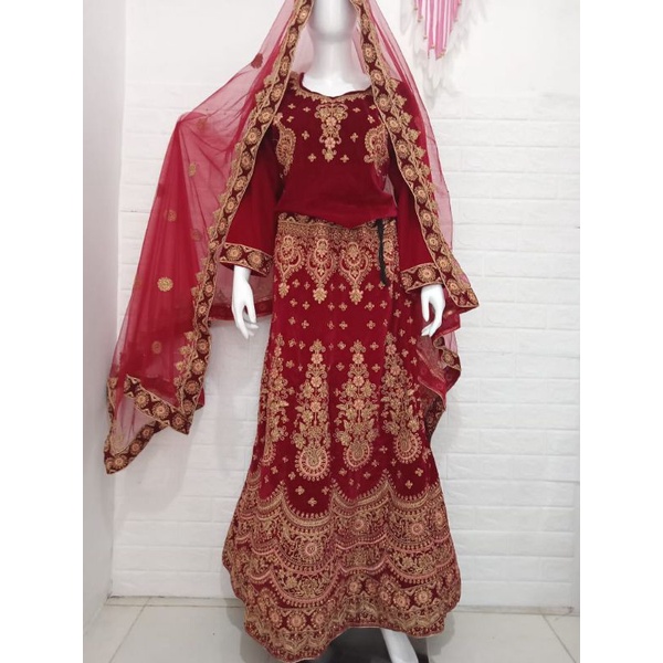 Baju India Pengantin Adat Marun Bludru Lehenga