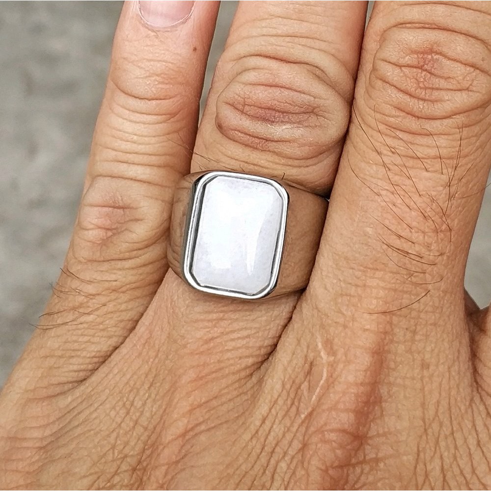 CINCIN BATU AKIK NATURAL GIOK PUTIH MINIMALIS TITANIUM SQUARE