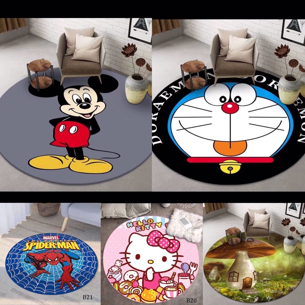 Karpet Bulat Anak nordic /  tikar alas Lantai kamar / ruang tamu / carpet alas tenda modern premium bludru halus lebut / karpet anak spiderman / hellokitty / doraemon/ mickey mouse / karpet cartoon 3D minimalis