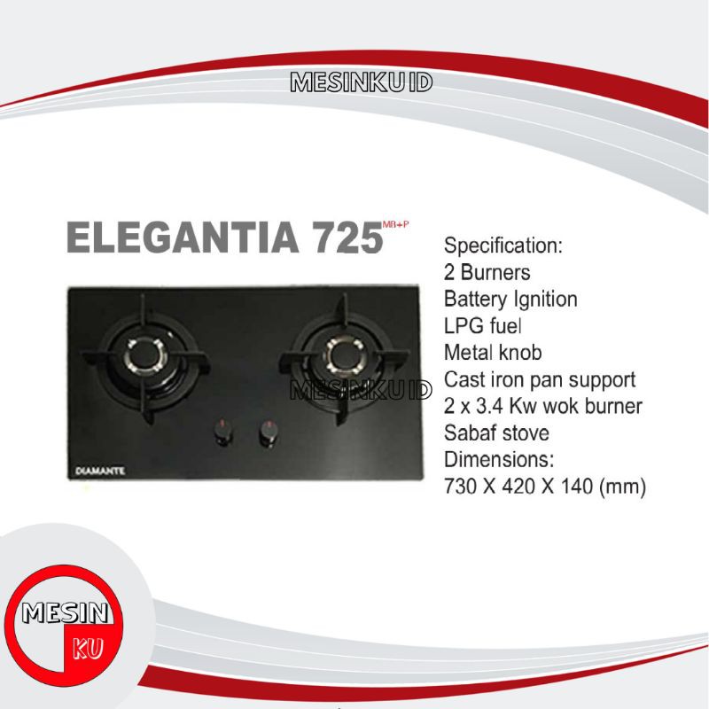 Diamante Built-in Gas Hob Elegantia 725 Kompor Gas 2 Burner Kompor Tanam