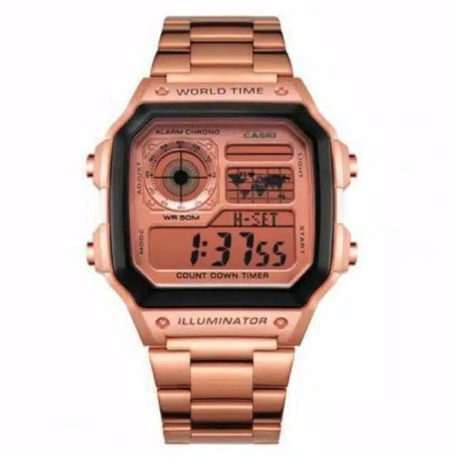 Jam Tangan Pria Fashion Korea Style Casio iluminator AE-1200 Rantai Steel