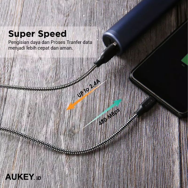 Kabel Charger Micro USB Aukey CB-BAM2 2m Braided Nylon USB 2.0 Original